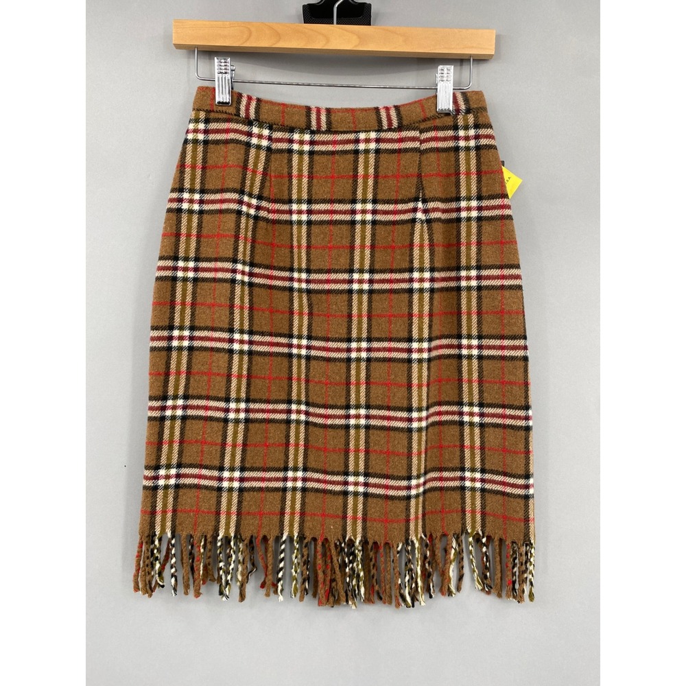 Vintage‎ 90s Intriguing Threads Plaid Fringe Skirt Womens 4P Brown Wool Blend